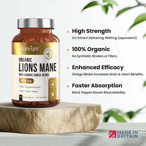 Organic Lion s Mane Capsules With Ginkgo Biloba and Black Pepper