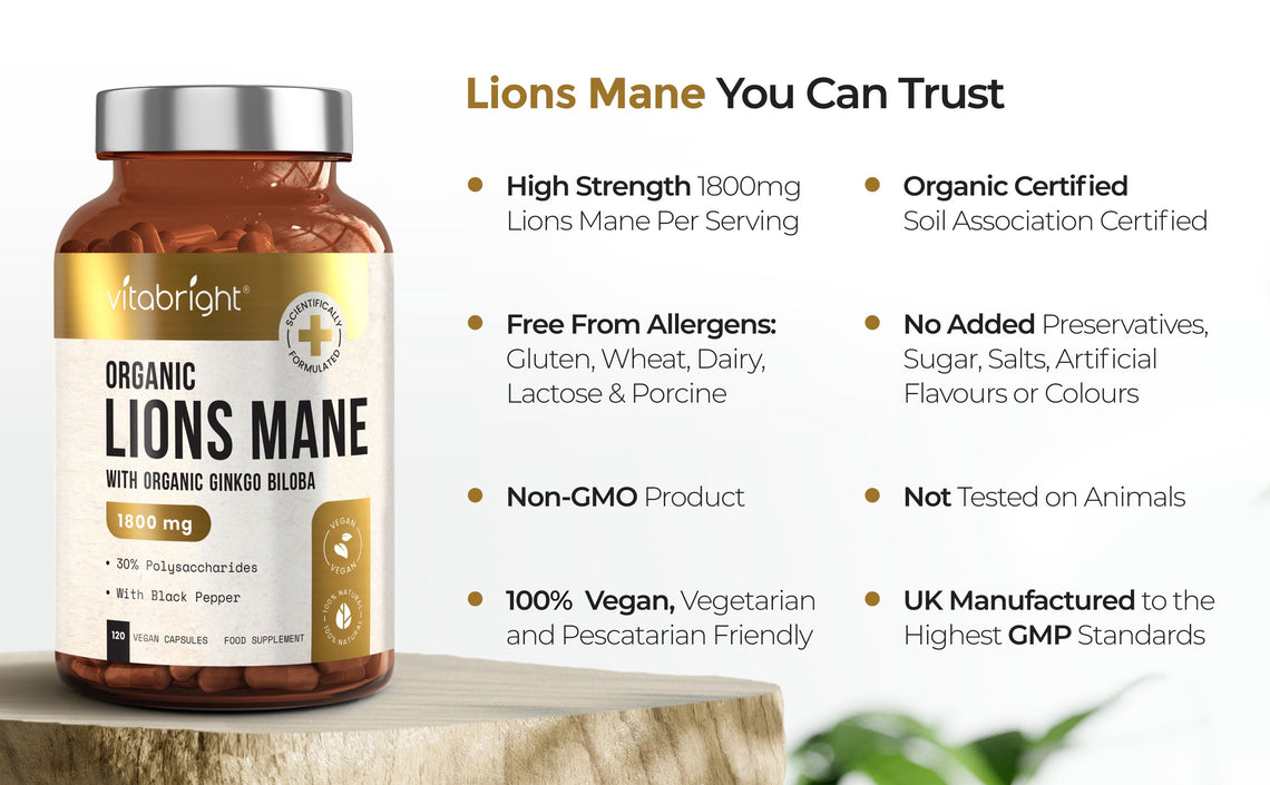 Organic Lion s Mane Capsules With Ginkgo Biloba and Black Pepper