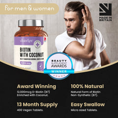 Biotin 12,000µg, 400 Tablets with Coconut